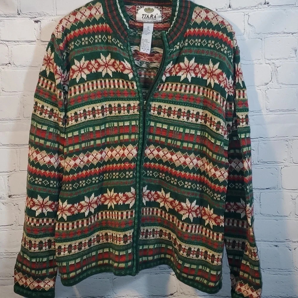 TIARA International Womens Christmas Green Red Zip Up Cardigan Sweater Size S